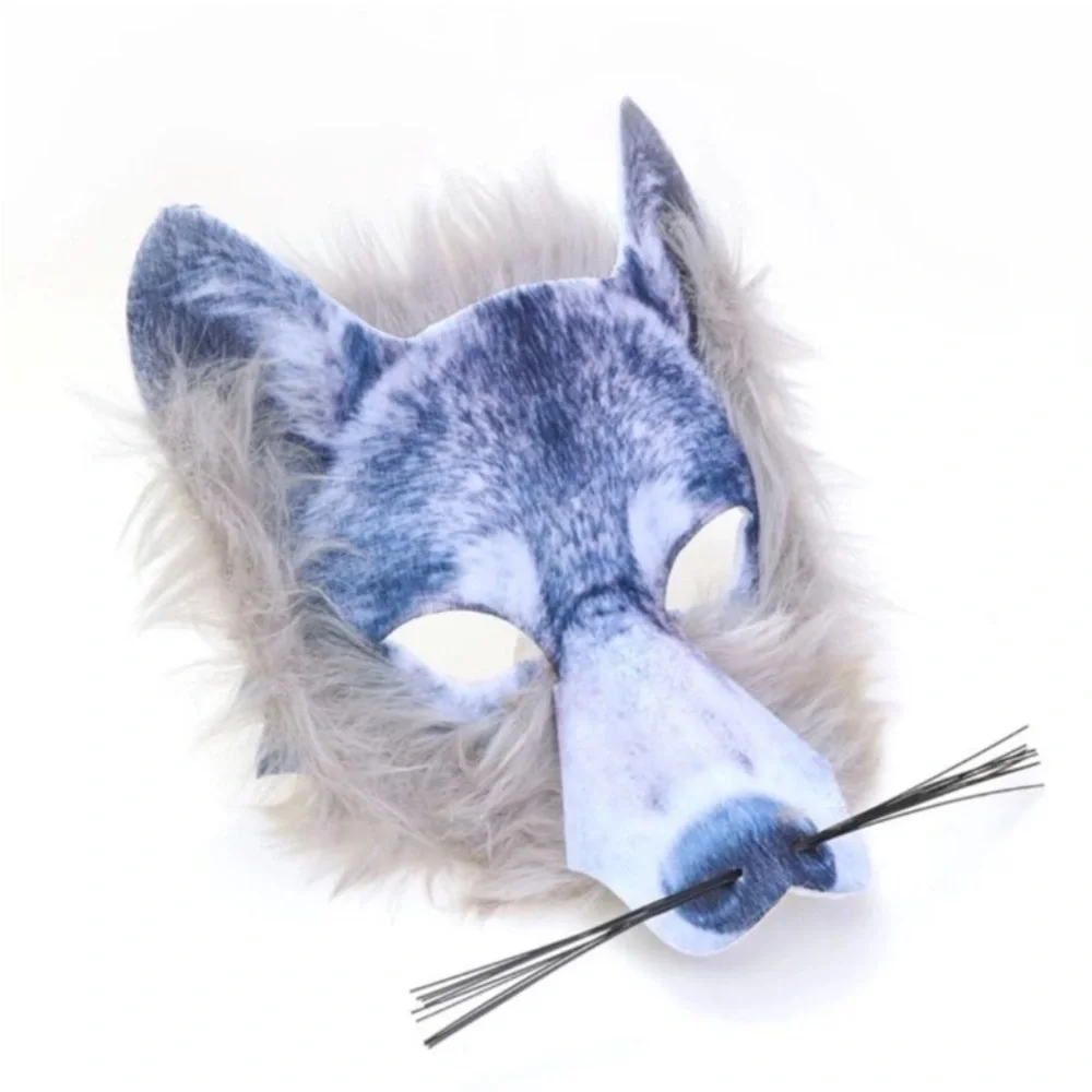 Plush Faux Fur Wolf Mask in Gray-Blue with Whiskers